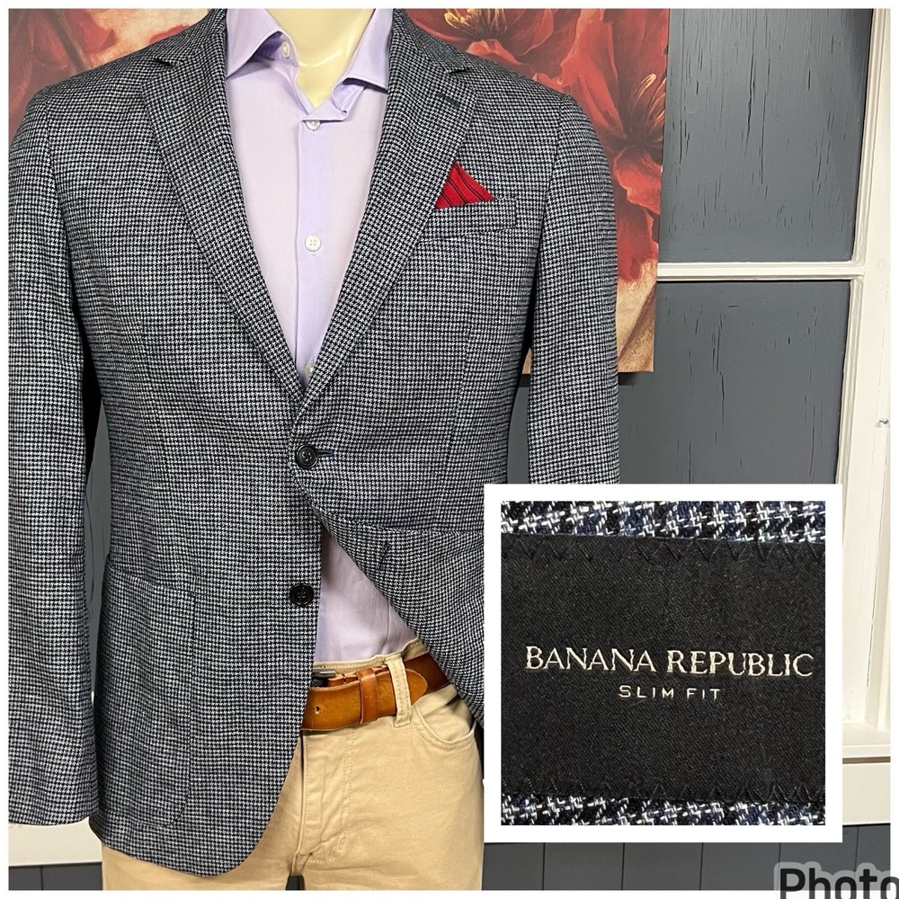 Banana Republic Linen Cotton Knit Blazer Mens 40R Slim Fit Navy/White/Black